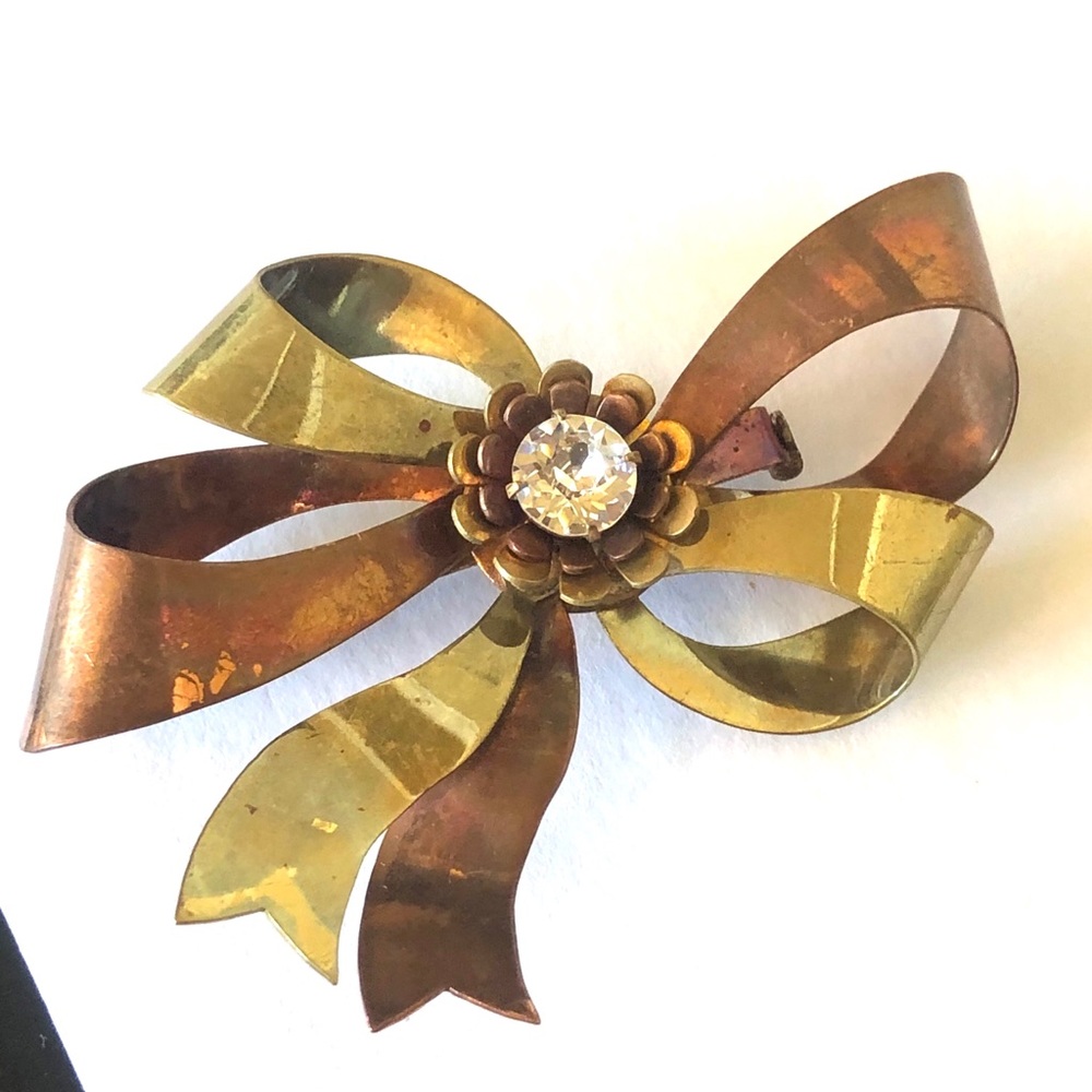 Vintage Big Brass and Copper Rhinestone Bow Brooch